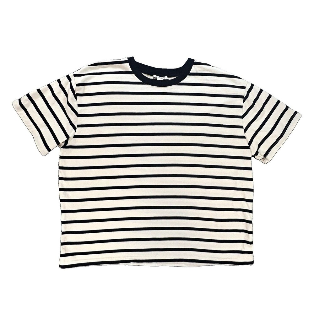 Good American Black & Cream striped crew neck short sleeve knit cotton t-shirt L